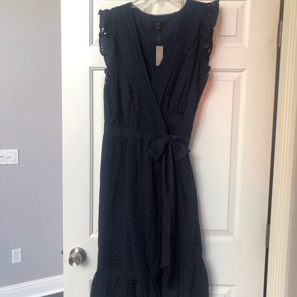 J Crew Midi Eyelet Navy Bow Dress